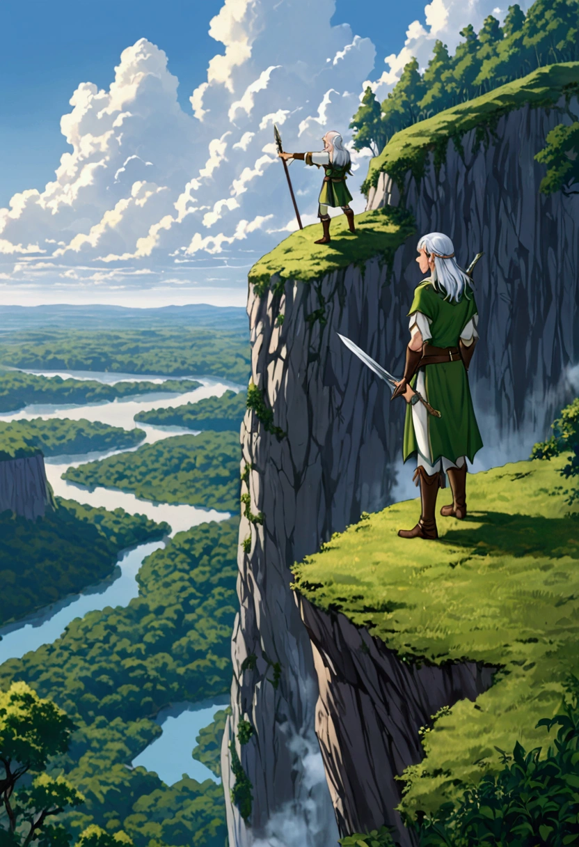 On a cliff with a forest background in a fantasy world, a black-haired, bare-chested man wearing only a cloth to cover his lower body sat on the edge of the cliff facing a silver-haired female elf who stood up straight while pointing a weapon as if looking down on the man, behind him stood several elves the female elf's subordinate