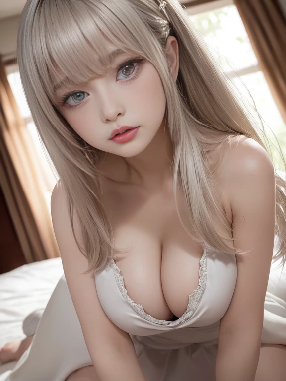(masterpiece,8K RAW Photos:1.5,Ultra-high resolution,super high quality,Surreal:1.5)、Gentle expression、Kneel,Place your hands between your legs、Platinum silver blonde hair,Sharp details,In detail、Surreal,35mm Film,Absent-minded,movie、( Lip gloss,eyelash,Glossy face,Glowing Skin,Are you okay, Silky skin、Highest quality,Ultra-high resolution,Written boundary depth,chromatic aberration,Caustics,Wide Light,Natural Shadows,J-POPアイドル)、Staring at the viewer with a look of serenity and goddess-like bliss、whole body,Beautiful big boobs,Cleavage、((Sleeveless polo dress))、、((In paradise,In heaven))、Naked on the bed