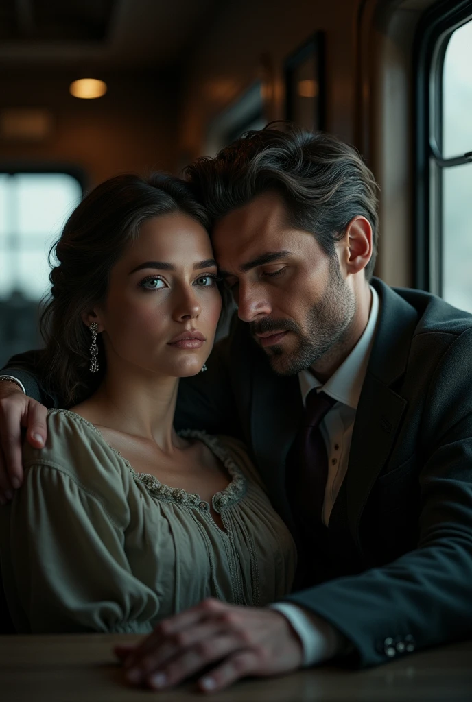 I would like a picture with a man and a woman in a train compartment. The woman is in her early thirties, plump, with a pretty, clear face. Her eyes were slightly swollen and she wore silver earrings. The man was of German origin.
