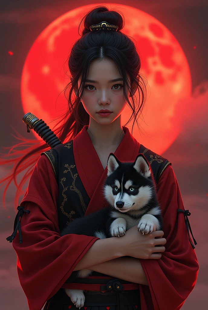 Beautiful Asia girl samurai with red black outfit and holding husky puppy and background is red moon and her name is on left chest medium size sign "Aleaaa" 