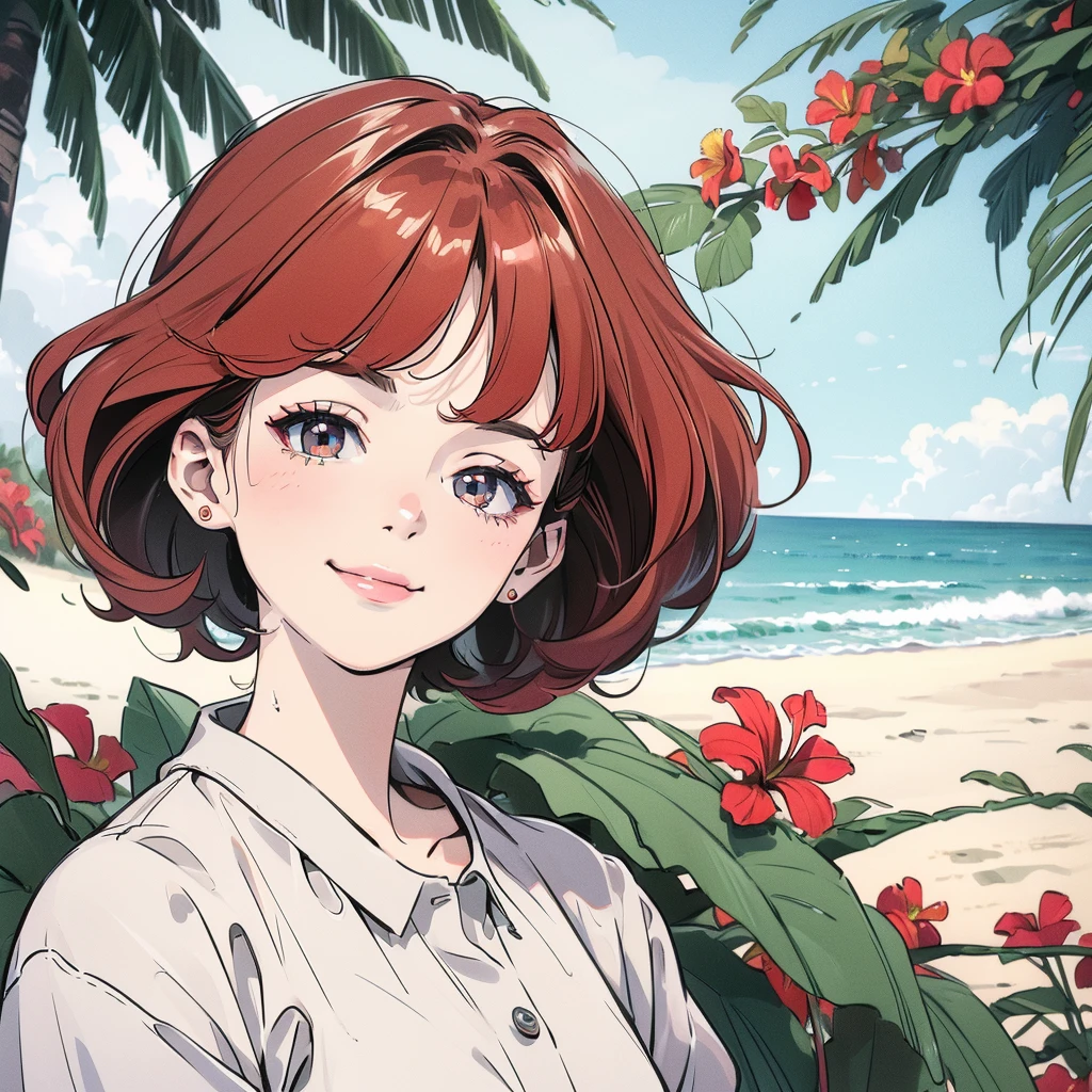 (Highest quality, 8k, 32K, masterpiece, Ultra-high resolution:1.2),Beautiful Woman Photo, Very short bob hair,Upper Body,Face Focus,Extra Large_shirt, View your viewers,Liz.Ashley, Red dyed hair, Tropical Beach, smile, software