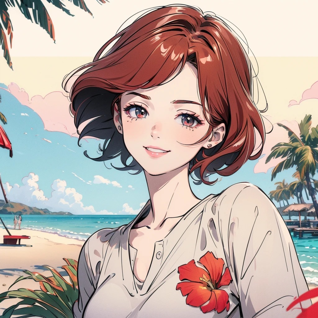 (Highest quality, 8k, 32K, masterpiece, Ultra-high resolution:1.2),Beautiful Woman Photo, Very short bob hair,Upper Body,Face Focus,Extra Large_shirt, View your viewers,Liz.Ashley, Red dyed hair, Tropical Beach, smile, software