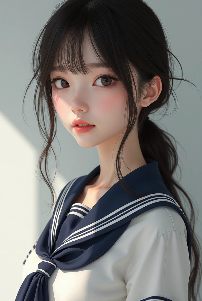 Realistic glowing skin, (sweating:1.4),Stand backwards,Look back at your face,Always look at the camera, (When the uniform gets wet with sweat, it becomes transparent..:1.4),(sweating:1.2)
Classic black and white sailor uniform,Summer clothes,Cold look,Cold Stare,Black Hair,short hair,Tie your hair short,Silky translucent white skin,best Realistic depiction,(Very detailed美しい顔), Great face and eyes, (Highest quality:1.4), (Very detailedな), (Very detailed CG 統合 8k 壁紙), Very detailed, High resolution raw color photos, Professional photography, Realistic portrait,
(Detailed RAW photos of the girl's whole body), Canon EOS R5 250mm, Sharp focus, Cinema Lighting, (No makeup:1.2), Fine skin, Delicate collarbone,Fine texture of the sailor uniform,Very Realistic sailor uniform texture,(Ultra-high resolution:1.6), (Realistic:1.6),