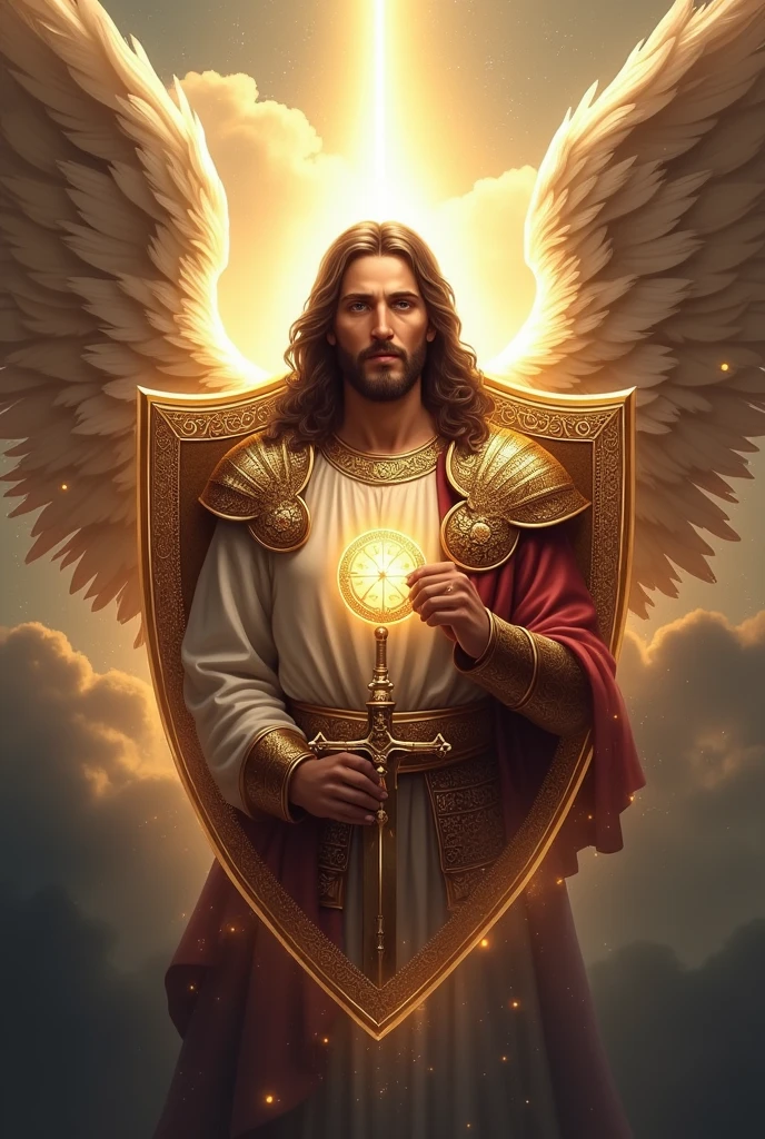 “Design a 1x1 shield with intricate details. The shield features Jesus at its center, depicted with a serene expression and a glowing aura. Surrounding Jesus is a powerful celestial warrior, armored with radiant, divine armor, holding a sword and shield. The celestial warrior should appear protective, standing guard over Jesus, with ethereal wings and an expression of strength and vigilance. The background of the shield should be celestial, with soft, glowing light and hints of heavenly clouds.”

This prompt should inspire the creation of a striking and meaningful image for your TikTok profile.