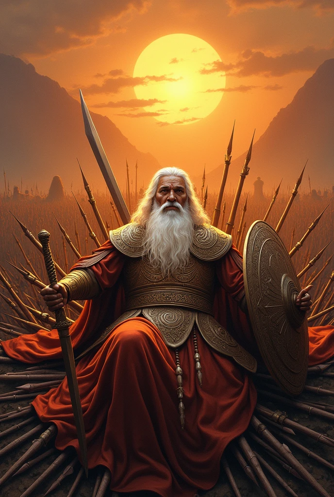 Bhishma Pitamah on the Bed of Arrows: Bhishma Pitamah, the grand patriarch of the Kuru dynasty, lying on a bed of arrows, yet still radiating strength and wisdom. He holds a sword in one hand and a shield in the other, with a serene expression, as the sun sets behind a battlefield.