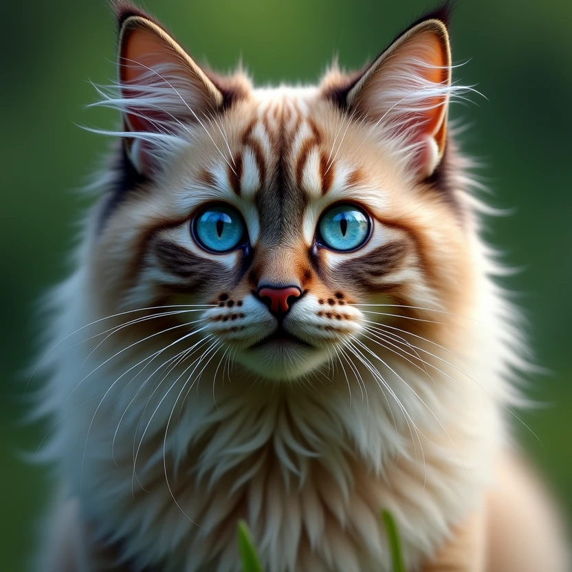 a realistic cat 4x zoom blue eys,big hairs body look ahead, background blur, green