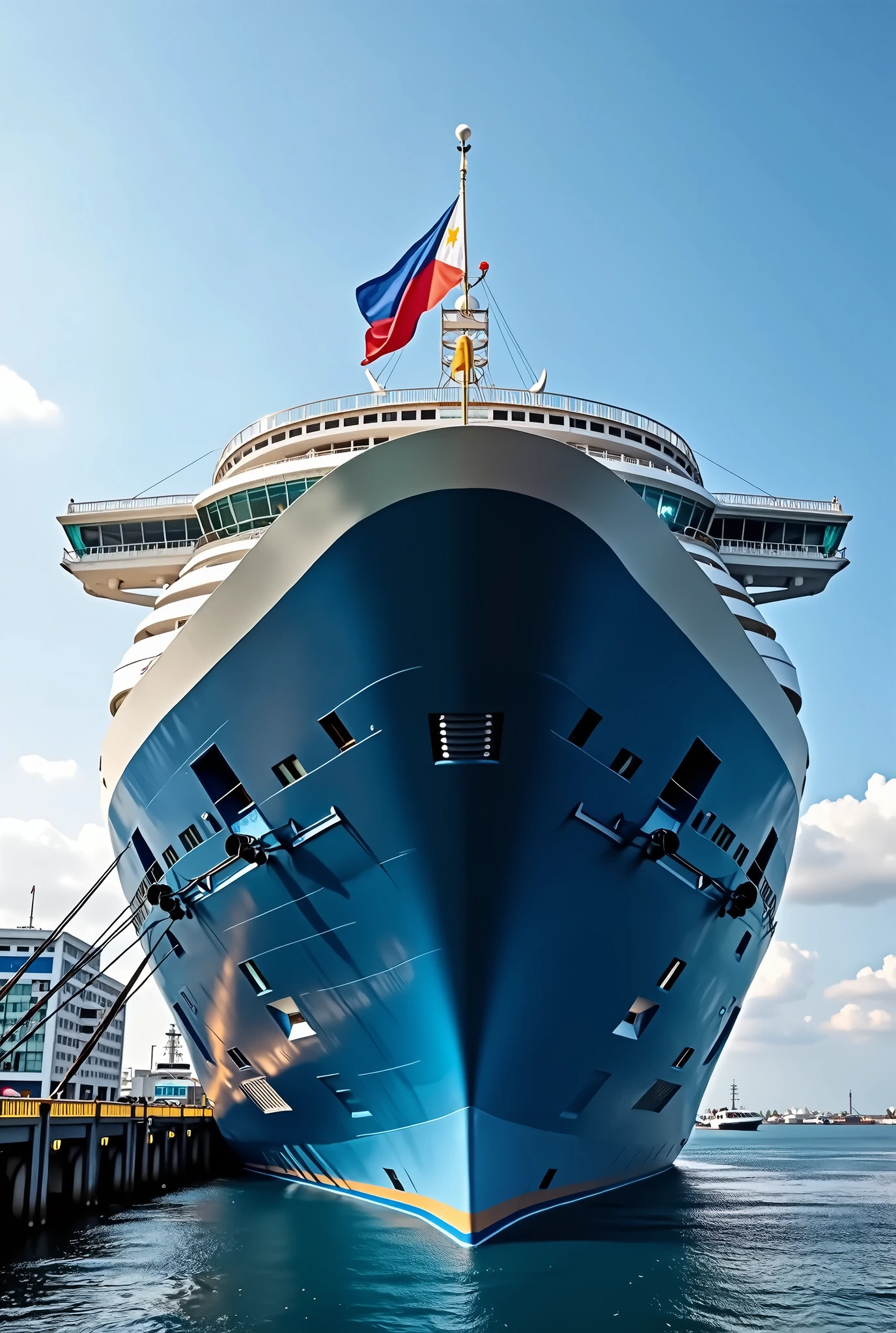 MS Princess of Philippines Cruise ship with a blue hull and a philippine flag at Manila port size of the Harmony of the seas loading passengers 