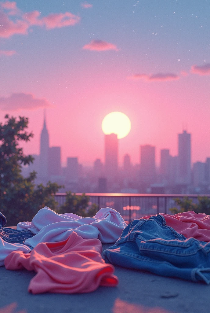Lofi image of few clothes lying on the ground with cityscape in background and pink purple and blue starry sky