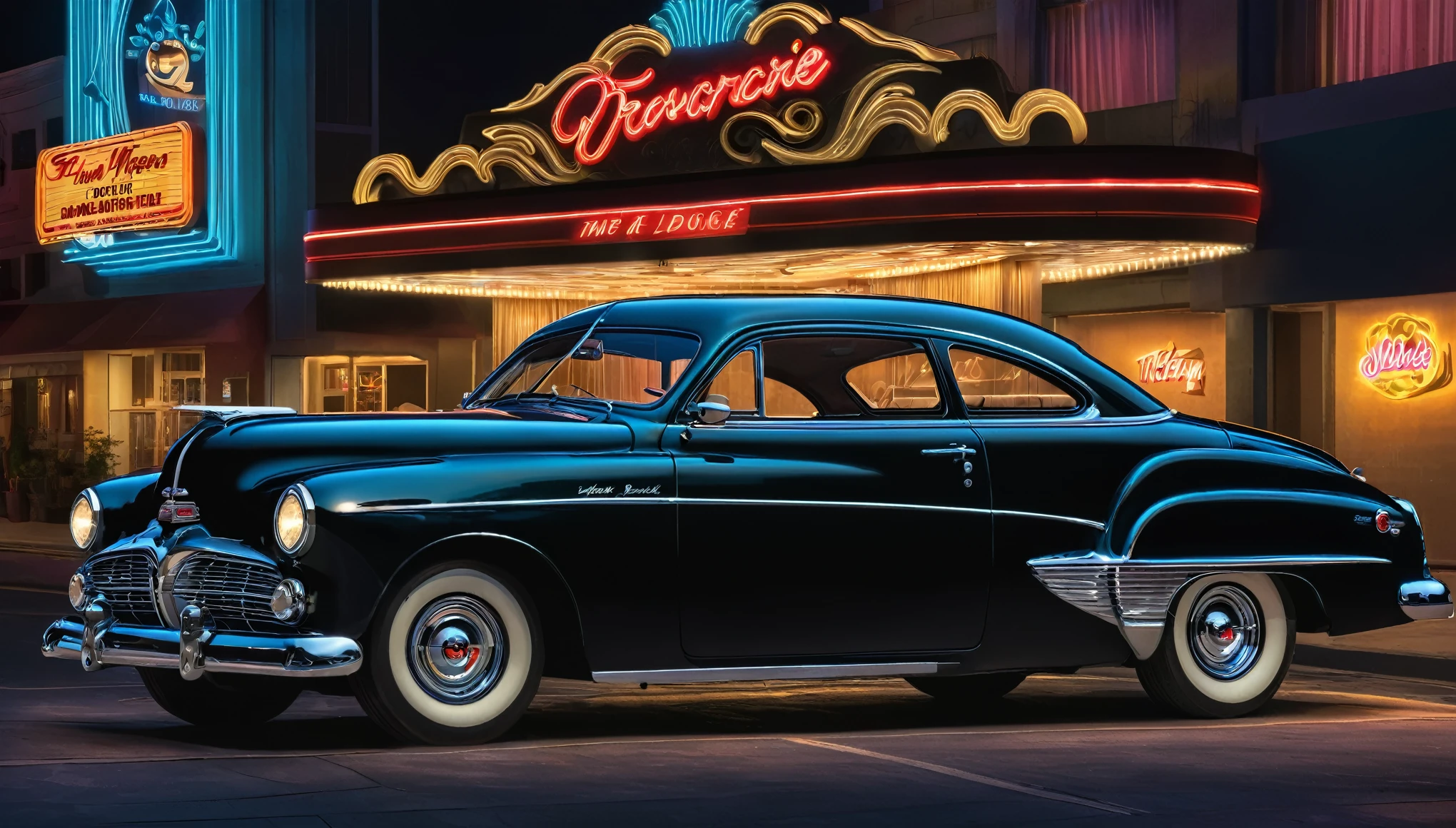 Create imaginative and amazing images demonstrating the style of ((Whorecore)), hyper realistic, 8k, vibrant colors, sharp crisp image, A 1952 Black Dodge phoenix coupe parked in front of a large movie theater at night