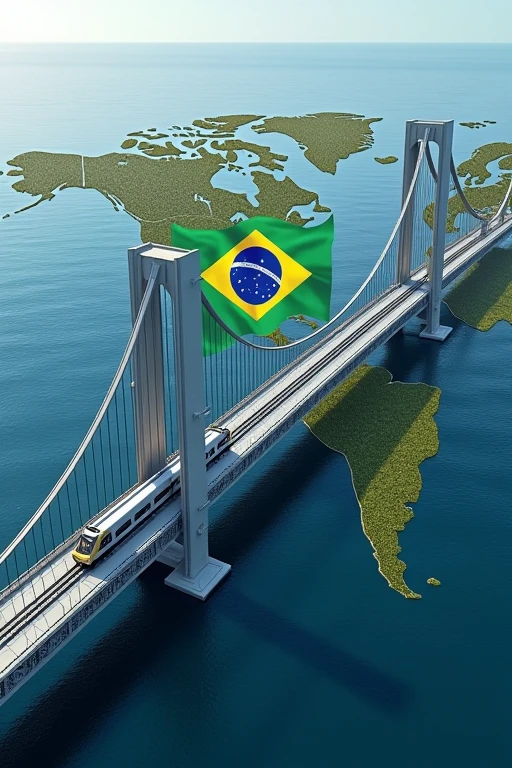 Bridge made of Ethereum logo connecting Brazil (represented by land mass with Brazilian flag design) to the rest of the world. Train labeled 'ETF' running on the bridge. Global map style, blue ocean background