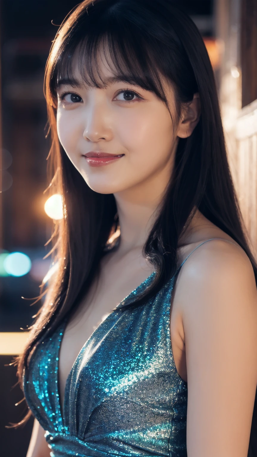 1girl,(wearing a blue glittery evening dress:1.2),(RAW photo, best quality), (realistic, photo-realistic:1.4), masterpiece, an extremely delicate and beautiful, extremely detailed, 2k wallpaper, Amazing, finely detail, extremely detailed CG unity 8k wallpaper, ultra-detailed, highres, soft light, beautiful detailed girl, extremely detailed eyes and face, beautiful detailed nose, beautiful detailed eyes,cinematic lighting,city lights at night,perfect anatomy,slender body,light smile,close up,(long hair with bangs).