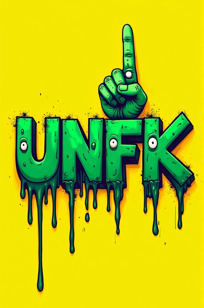 UNFK written in a Zombie Graffiti green lemon colour with doodle eyes popping out and middle finger