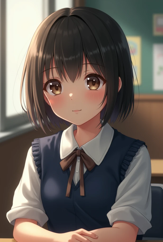 best quality, face focus, soft light, ultra high res, (photorealistic:1.4), RAW photo, 1japanese girl, solo, cute, (shy smile:0.5), (brown eyes, lights in the eyes), detailed beautiful face, (small chest),(high resolution detail of human skin texture), (short bob hair), BREAK, in classroom,navy school uniform, vest, skirt