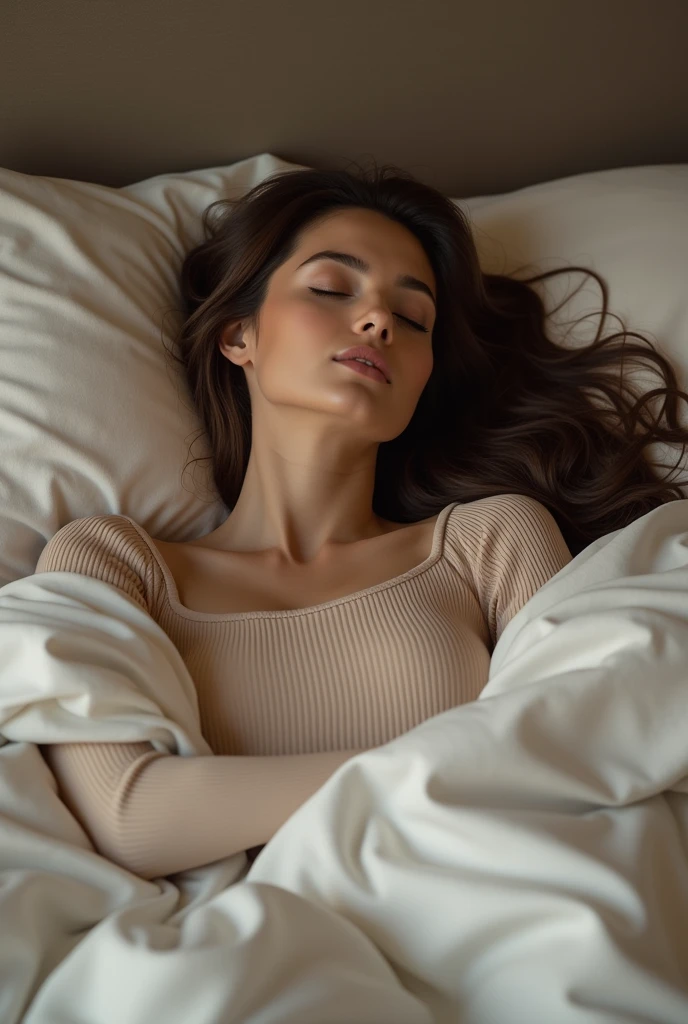 Beautiful woman wearing comfortable ribbed one-piece for home, Long-sleeved jumpsuit with square neckline, Women's sleep and loungewear(Close-fitting) is sleeping