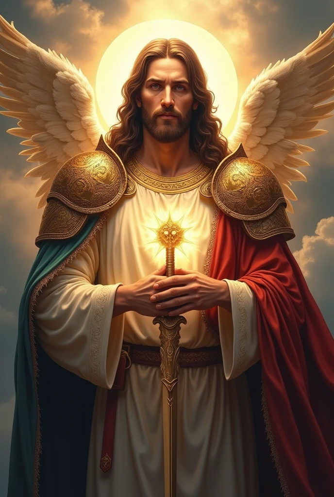 “Design a 1x1 shield with intricate details. The shield features Jesus at its center, depicted with a serene expression and a glowing aura. Surrounding Jesus is a powerful celestial warrior, armored with radiant, divine armor, holding a sword and shield. The celestial warrior should appear protective, standing guard over Jesus, with ethereal wings and an expression of strength and vigilance. The background of the shield should be celestial, with soft, glowing light and hints of heavenly clouds.”

This prompt should inspire the creation of a striking and meaningful image for your TikTok profile.