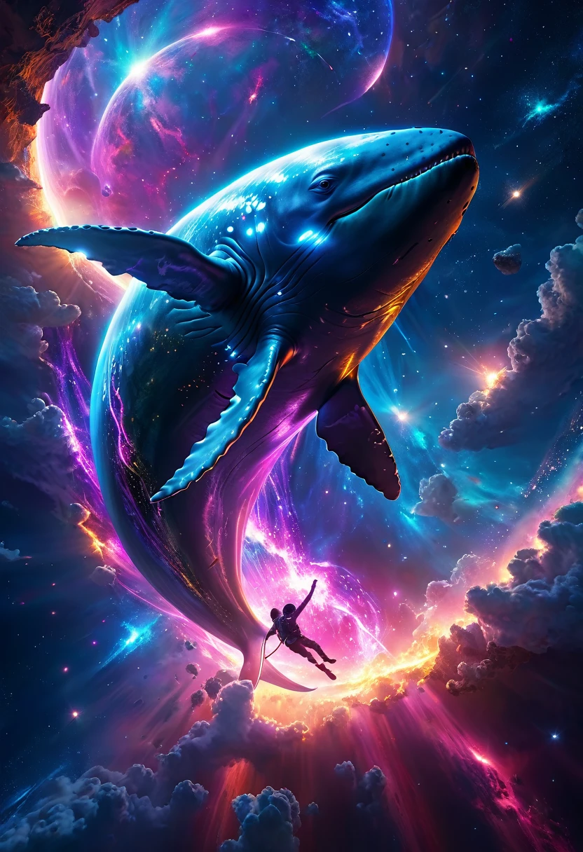 A giant translucent whale glides through the vastness of space、Infinitely dreamy illustrations, Surrounded by nebula galaxy and beautiful asteroid belt. (Highest quality,4K,8k,High resolution,masterpiece:1.2),Very detailed,(Realistic,photoRealistic,photo-Realistic:1.37), Fantastic lighting, Vibrant colors, Heavenly Creatures, Luminous body, Ethereal atmosphere, Graceful Movement, Calm and peaceful.