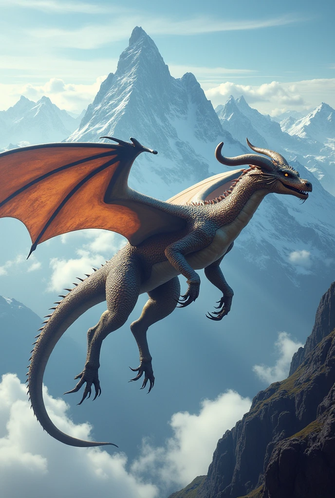 A bigger dragon flying and the background is mountains 