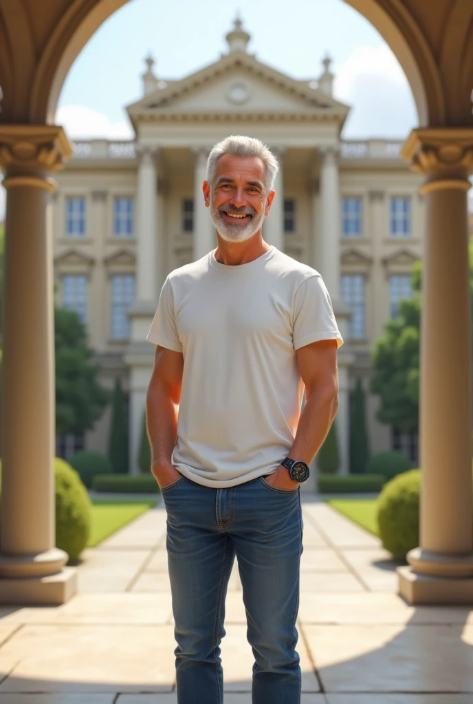 1 Man,2,Tall,Short white hair, brown eyes, smiling, white t-shirt, jeans, watch on the left arm, black shoes, mansion background