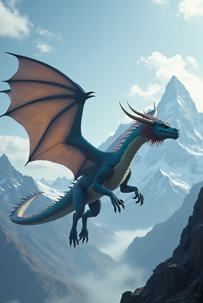 A bigger dragon flying and the background is mountains 