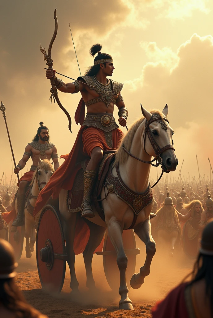Arjuna with Krishna as Charioteer: Arjuna, the great archer from the Mahabharata, standing on his chariot driven by Lord Krishna. Arjuna is in full armor, pulling back his Gandiva bow, with Krishna guiding the horses, and the vast armies of the Pandavas and Kauravas clashing in the background. Ultra HD high resolution 4K