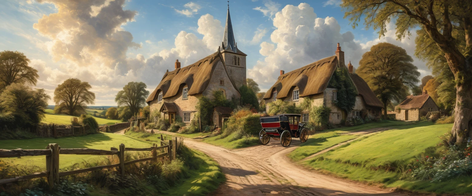 a beautiful detailed countryside landscape, rolling green hills, a quaint old english village, thatched roof cottages, cobblestone streets, horse-drawn carriage, a majestic church steeple, fluffy clouds in a blue sky, warm golden sunlight, intricate foliage details, charming rustic atmosphere, (best quality,8k,hyperrealistic,masterpiece:1.2),incredibly detailed,ultra-detailed,photorealistic,cinematic lighting,dramatic shadows,vibrant colors,oil painting,by John Constable,extremely aesthetic composition