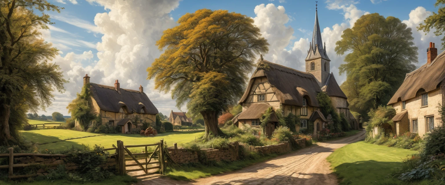 a beautiful detailed countryside landscape, rolling green hills, a quaint old english village, thatched roof cottages, cobblestone streets, horse-drawn carriage, a majestic church steeple, fluffy clouds in a blue sky, warm golden sunlight, intricate foliage details, charming rustic atmosphere, (best quality,8k,hyperrealistic,masterpiece:1.2),incredibly detailed,ultra-detailed,photorealistic,cinematic lighting,dramatic shadows,vibrant colors,oil painting,by John Constable,extremely aesthetic composition