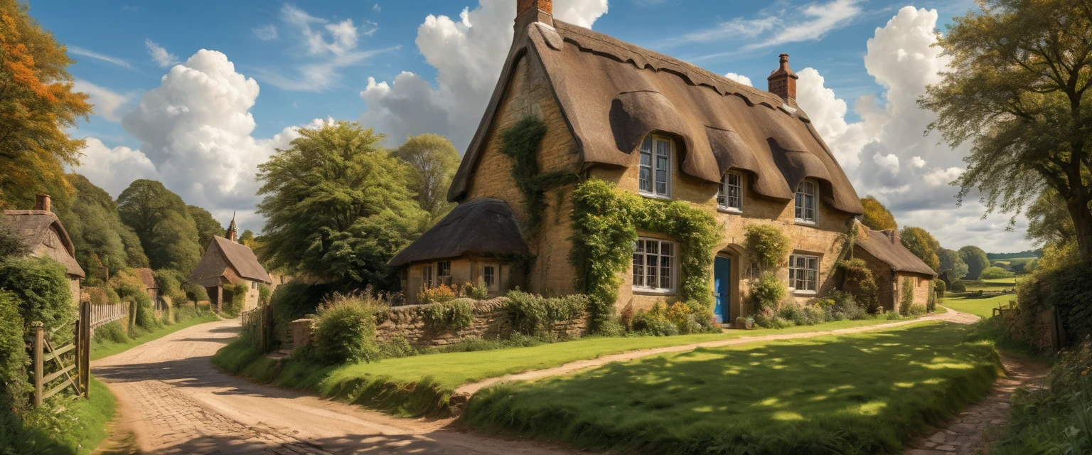 a beautiful detailed countryside landscape, rolling green hills, a quaint old english village, thatched roof cottages, cobblestone streets, horse-drawn carriage, a majestic church steeple, fluffy clouds in a blue sky, warm golden sunlight, intricate foliage details, charming rustic atmosphere, (best quality,8k,hyperrealistic,masterpiece:1.2),incredibly detailed,ultra-detailed,photorealistic,cinematic lighting,dramatic shadows,vibrant colors,oil painting,by John Constable,extremely aesthetic composition