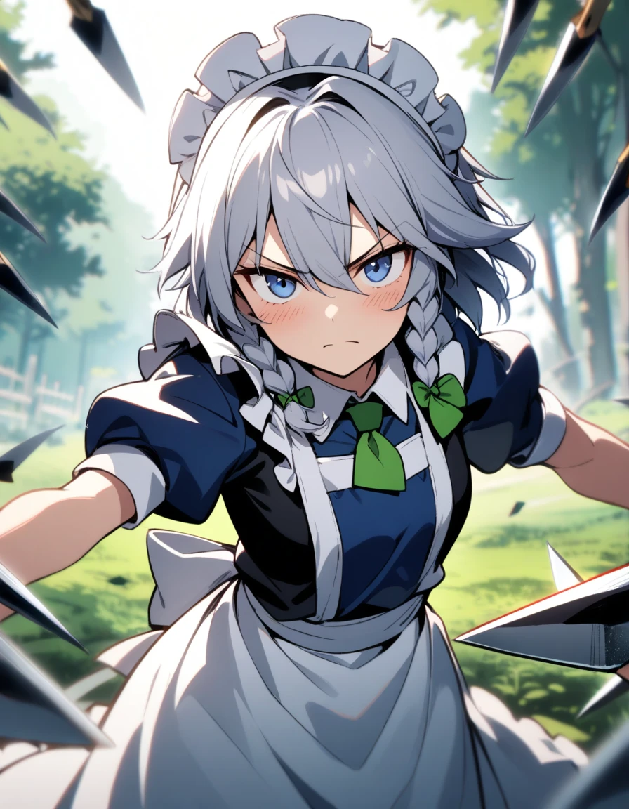 1girl, izayoi sakuya, touhou, solo, maid headdress, maid, apron, short sleeves, dress, closed mouth, white apron, looking at viewer, maid apron, puffy short sleeves, frills, puffy sleeves, black dress, frilled apron, hair between eyes, outdoors, blush, throwing knives, knives, serious face, upper body, masterpiece, best quality, very aesthetic, absurdres