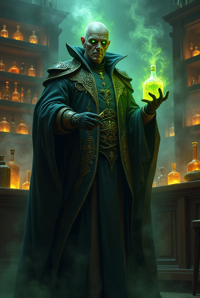 A sinister full-body portrait of "Alchemenoir," an alchemist who specializes in toxins and dark magic. He is dressed in a dark, elaborate robe with intricate patterns of poison and venom, his hands gloved and holding vials of glowing, poisonous liquid. His eyes glow a sickly green, and around him, the air is thick with toxic fumes. The background is a dark laboratory filled with bubbling cauldrons and shelves lined with mysterious ingredients, casting eerie shadows across his face.