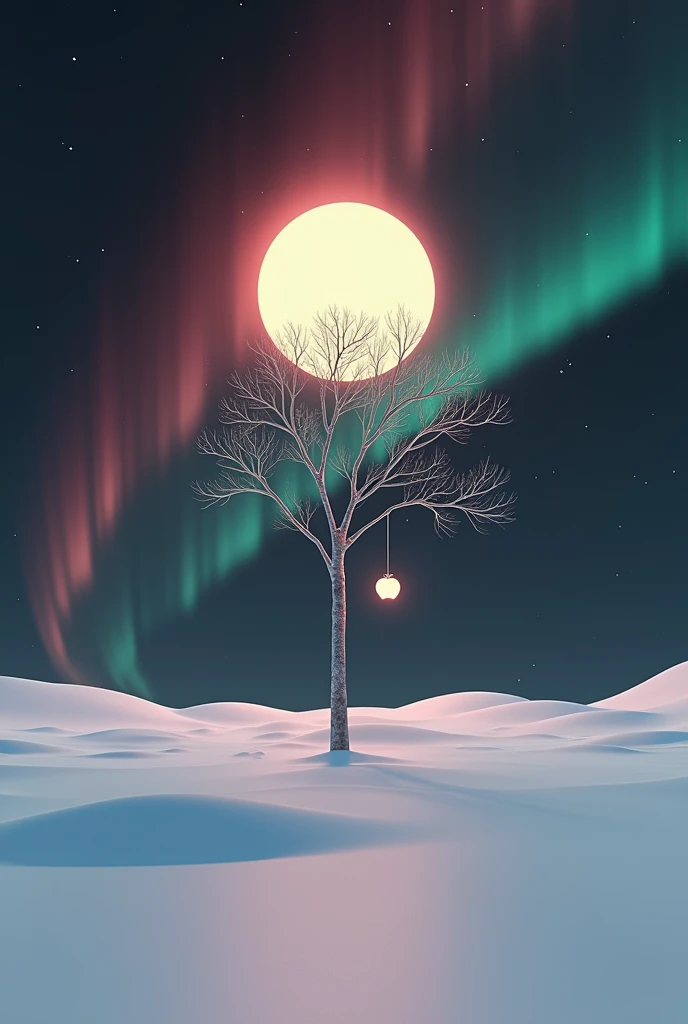 A minimalist 3D render of a surreal landscape. A smooth, geometric plane stretches towards a horizon where a single, perfectly spherical sun hangs low in the sky, casting a stark, single shadow. A single, impossibly tall, metallic tree pierces the landscape, its branches reaching towards the sun. Introduce a glowing, magical apple hanging from the tree. The color palette is limited to black, white, and one accent color. The sky features a mesmerizing aurora borealis, dancing in vibrant hues across the horizon. The overall aesthetic is clean, geometric, and evokes a sense of isolation, quiet wonder, and a touch of magic.