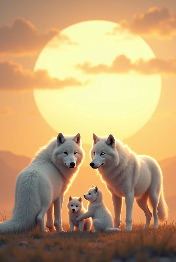 A couple of white wolves, with big sun in the background, with three white wolf pups