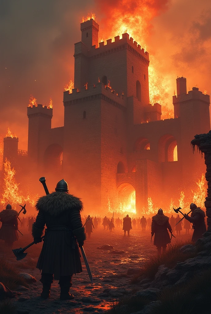 Ruined castle of Kingdown of immortals in flames, many viking warriors in bloody battle, bodies on the ground