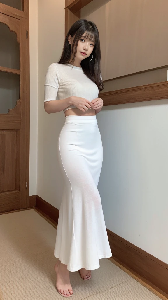 A photo showing your entire body, including your toes、(masterpiece,Highest quality,Ultra-high resolution),Japanese women, (((A very beautiful 2))),A long, high-waisted skirt made of white smooth fabric.、(The skirt is tight and fits snugly from the waist to the thighs.),(((Long skirt in maxi length)))