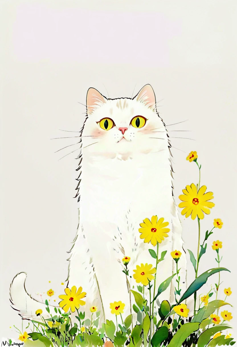(masterpiece:1.5),(the best quality:1.3),yellow flower,simple background,white background,1 white cat,yellow eyes,white hair,