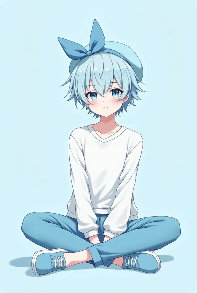 Male anime character with light blue hair, Light blue hat with ribbon on the back, White shirt and light blue sweatshirt, Light blue pants and light blue shoes, Sitting cross-legged pose, And a light blue background.