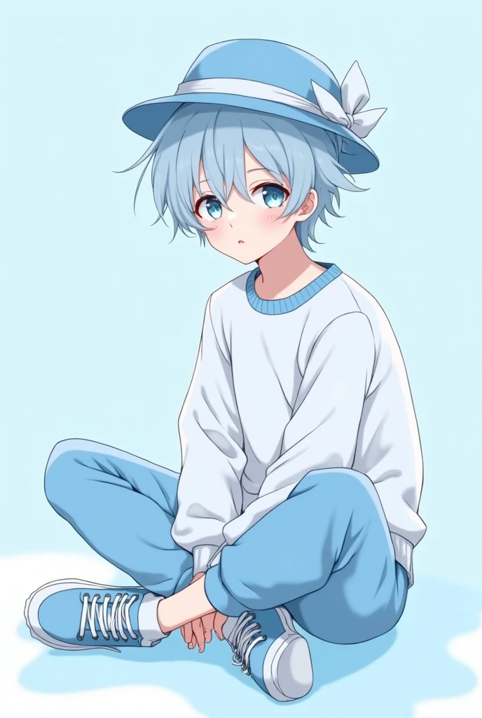 Male anime character with light blue hair, Light blue hat with ribbon on the back, White shirt and light blue sweatshirt, Light blue pants and light blue shoes, Sitting cross-legged pose, And a light blue background.