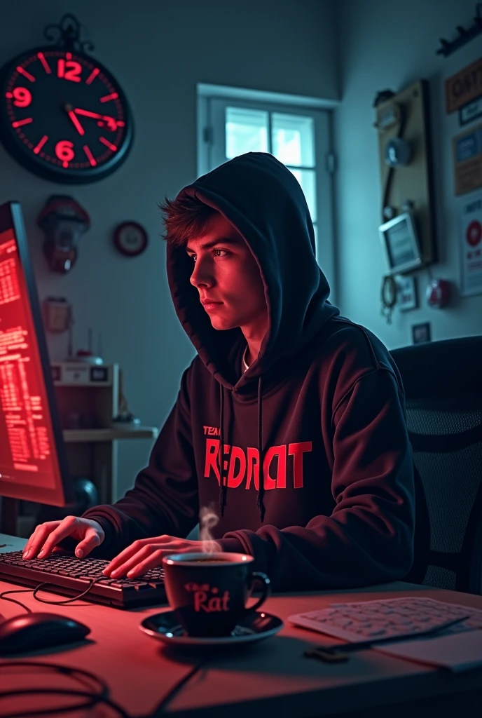 A room is full of furniture. Inside the room there is a table. A boy is sitting in front of the computer. Hacking is going on on the computer screen. A cup of coffee is on the table. Red RaT is written on the cup. Inside the wall clock it is three in the morning. TEAM Red RaT is written on the back of the clothes the boy is wearing.