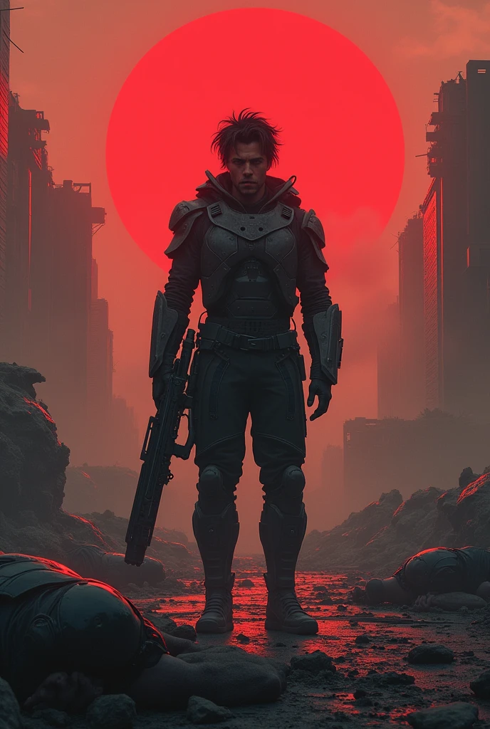 Picture of a alone and  lonely man at the end of world,looking like he is really exhausted and tired of this world,make him look futuristic, wearing futuristic outfit,his hair is messy,make him look like he doesn't want to be alive and want to left earth , around his is all destroyed at war holding futuristic weapon,make sky red,looking like cinematic universe,around him peoples and other hight tech warrior are dead
