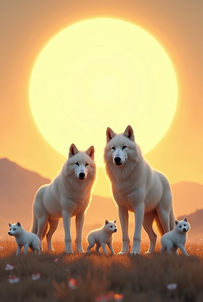 A couple of white wolves, with big sun in the background, with three white wolf pups