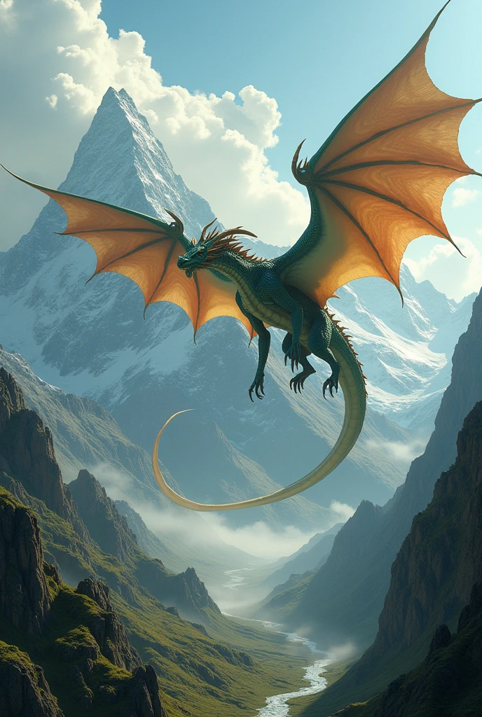 A giant dragon flying and the background is mountains