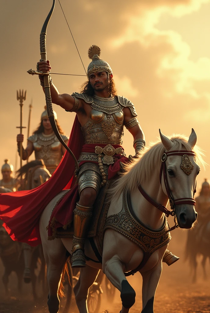 Arjuna with Krishna as Charioteer: Arjuna, the great archer from the Mahabharata, standing on his chariot driven by Lord Krishna. Arjuna is in full armor, pulling back his Gandiva bow, with Krishna guiding the horses, and the vast armies of the Pandavas and Kauravas clashing in the background. Ultra HD high resolution 4K 