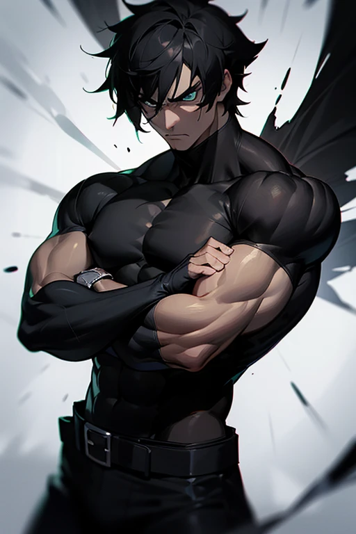 An serious person who has scare on eye and has a muscular body and blak hair and blak outfit