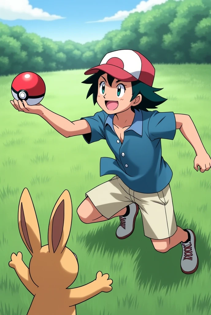 Ash Ketchum with the pokeball catching a hare