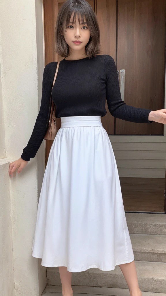 A photo showing your entire body, including your toes、(masterpiece,Highest quality,Ultra-high resolution),Japanese women, (((A very beautiful 2))),White high waist long skirt、(The skirt is tight and fits snugly from the waist to the thighs.),(((Long skirt in maxi length)))