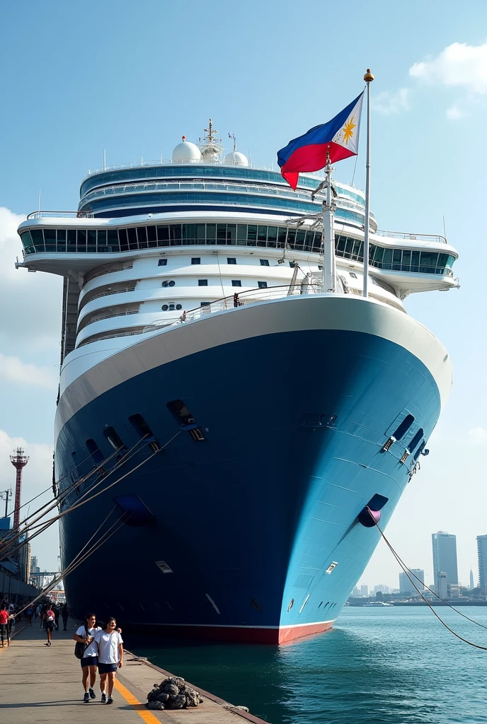 MS Princess of Philippines Cruise ship with a blue hull and a philippine flag at Manila port size of the Harmony of the seas loading passengers
