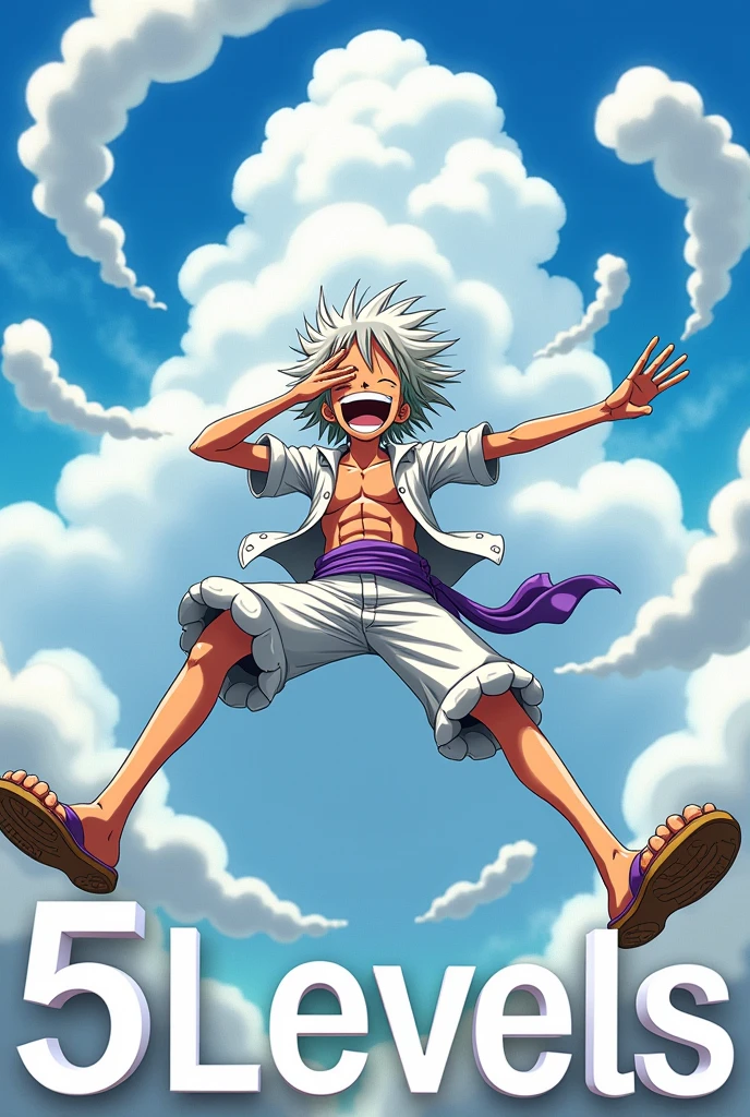 Create an anime-style scene featuring Luffy in Gear Fifth,Presented in dynamic poses,White, Wild hair, 穿着White衣服,Wearing a purple belt. This character should have a happy and exaggerated expression, They laughed with their mouths open, Legs raised,Open,Straight, Wearing clogs, Sitting in a relaxed posture,双腿Open. The character's right hand should cover the eye,As if looking into the distance. There are strange white clouds and smoke around him, Add a bright sky and some clouds in the background,And add large text at the bottom,Contents "5 levels."