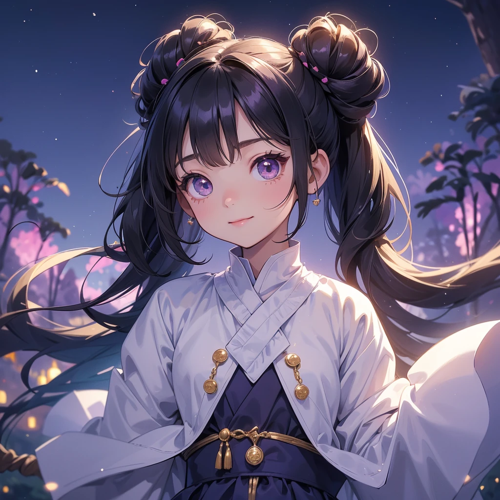 A chibi child girl had a small face and wearing a little tourist priest’s outfit, a pair of big round eyes shone with curiosity about him. This child was so cute, her hair is black with buns on her hair. Small chibi , chibi baby, smiling , chibi.
Background is a dark moonless night, with dry trees in the background, and purple glowing light