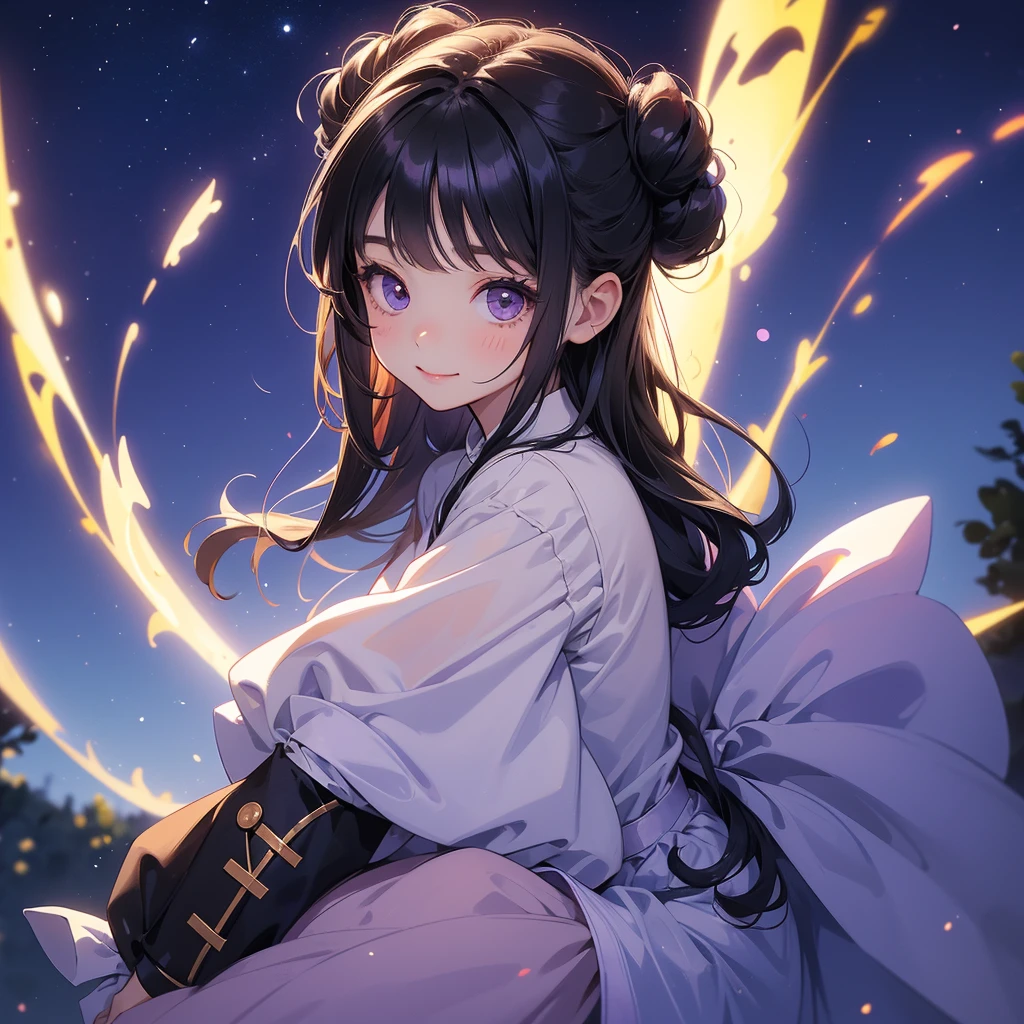 A chibi child girl had a small face and wearing a little tourist priest’s outfit, a pair of big round eyes shone with curiosity about him. This child was so cute, her hair is black with buns on her hair. Small chibi , chibi baby, smiling , chibi. 

Background is a dark moonless night, with dry trees in the background, and purple glowing light
