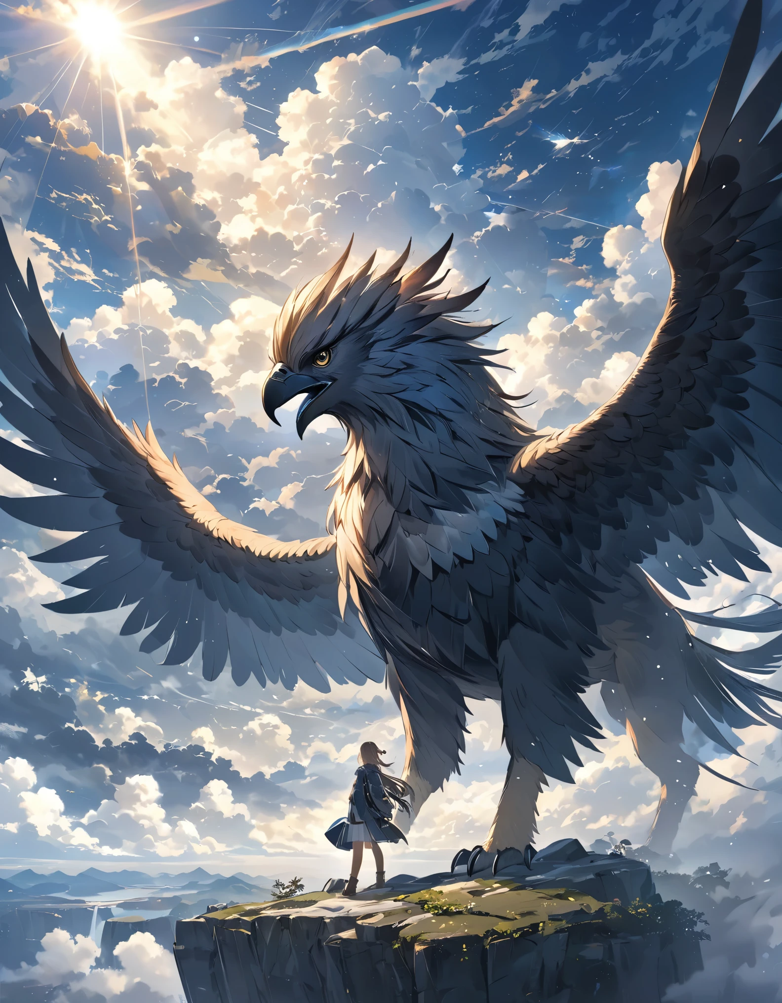 ((Amazingly absurd)),(masterpiece:1.2),超High resolution, Attention to detail, high quality, High resolution, 最high quality, 4K, 8k、Fictional Animals、((Griffon))、Standing on a cliff、The sky is overcast and covered with thick clouds.、The sunlight shines through the gaps, creating a sacred atmosphere.、Shout to the sky、Close-up