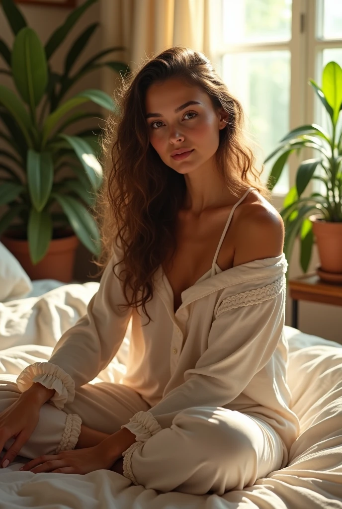 (photorealism:1.2), beautiful woman, sitting on bed, wearing loose off-shoulder top, pajama pants, long curly hair, indoors, soft lighting, plants in background, window with sunlight, cozy room, relaxed pose, realistic, intricate details, warm colors, by Greg Rutkowski, by Alphonse Mucha